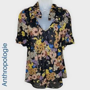 Anthropologie Odille Bianka black floral boho ruffle shirt sleeve rayon top sz 4